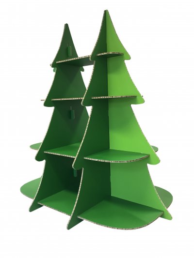 Aufsteller Weihnachtsbaum als tragfähiges Regal aus Wabenkammer-Karton, digital bedruckt.